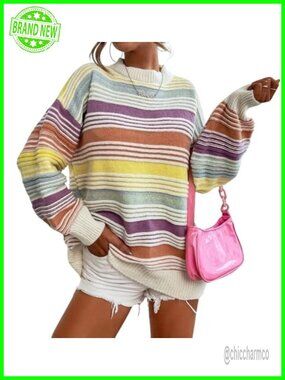 Oversized Contrast Striped Knit Pullover Sweater for Women Fall Winter Crew